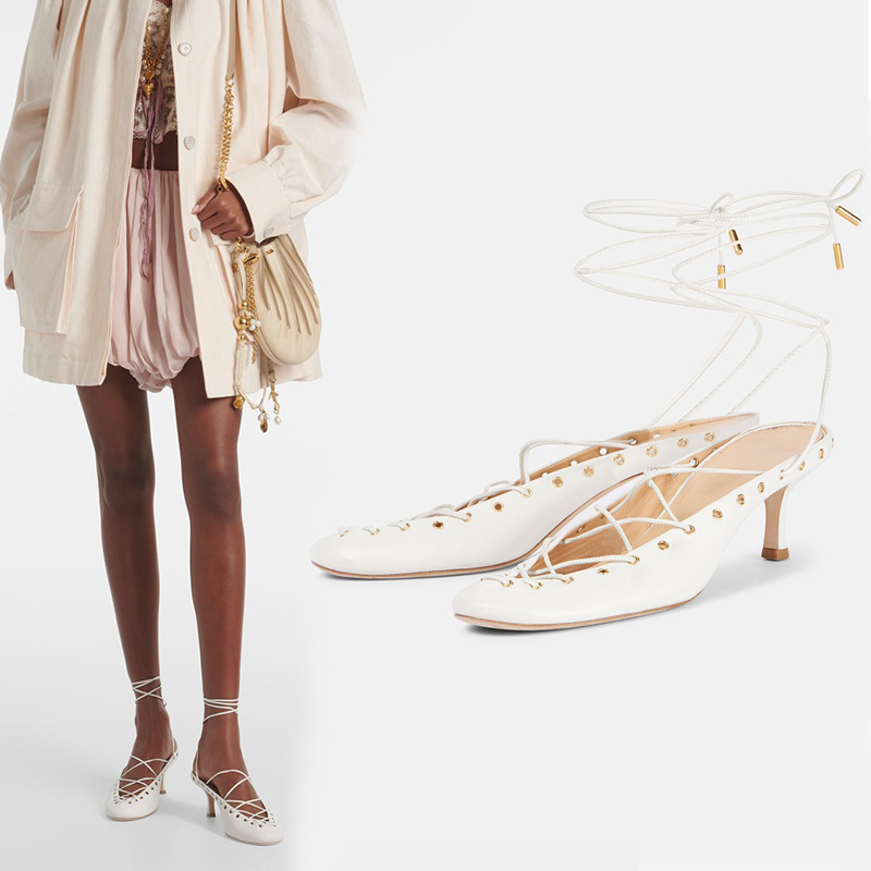 欧美夏新款浅口圆头交叉绑带镂空芭蕾舞凉鞋大码细中跟罗马半拖鞋