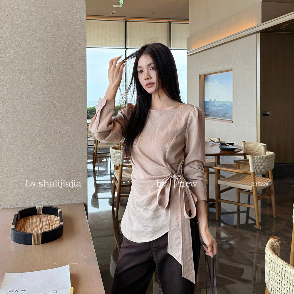 LS French Elegance Solid Color Waist-Tie Top, Guangzhou Shisanhang 2026 Early Autumn New Women's Top 23522#