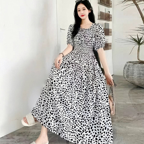 Cotton-linen chiffon French retro style summer short-sleeve floral maxi dress Bohemian pastoral style beach dress