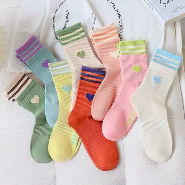 Double-layer Love Socks Women's Mid-tube Socks Spring and Autumn Ins Tide Sweetheart Girl's Series Striped Waist Sports Socks for Women