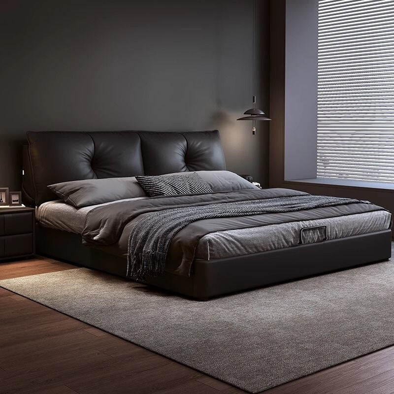 Italian minimalist bed, large black cowhide leather bed, modern simple master bedroom, elegant double storage bed Italian minimalist bed, large black cowhide leather bed, modern simple master bedroom, elegant double storage bed