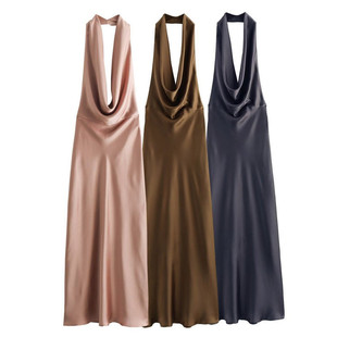 Cross-border foreign trade wholesale autumn new European and American style multi-color backless silk satin texture Midi flute neck dress 8500