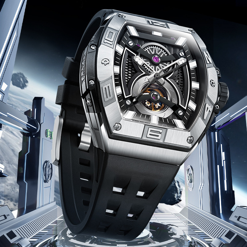 German Bugatti Brand Watch Men's Multi-Functional Barrel-Shaped Large Dial Hollow Tourbillon Cross-Border Popular Watch
