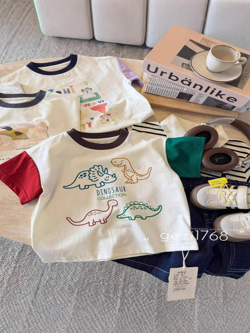 子供の新型の男女の子供の夏の漫画の色合わせの赤ちゃんの半袖の純綿の洋気のtシャツの半袖の子供の上着のT