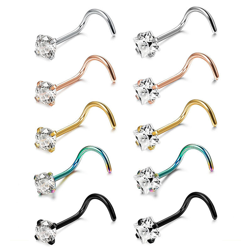 Piercing al naso a perno curvo in acciaio inossidabile 316L, rotondo, quadrato, con zircone, spessore 0,8 mm_voghion.com
