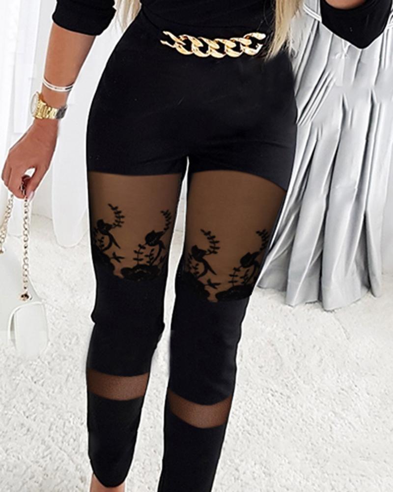 Women's shoulder mesh splicing V-neck jumpsuit_voghion.com