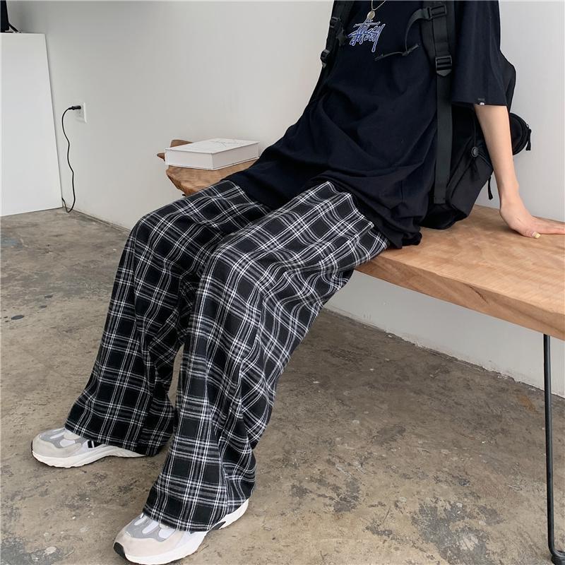 Drop-down Plaid wide-leg pants women's summer slimming versatile Korean style high waist draping loose straight mop casual pants