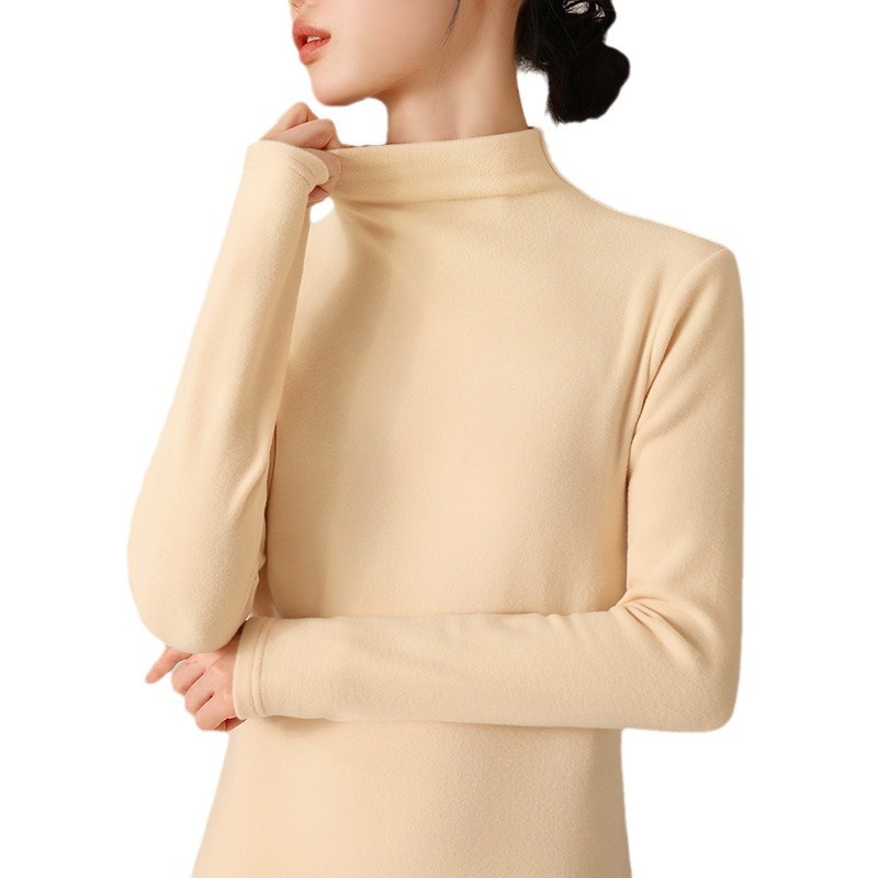 La ropa interior cálida de terciopelo de dama más terciopelo grueso superior 2024 nuevo cuello sin marca con camisa de base de otoño y invierno