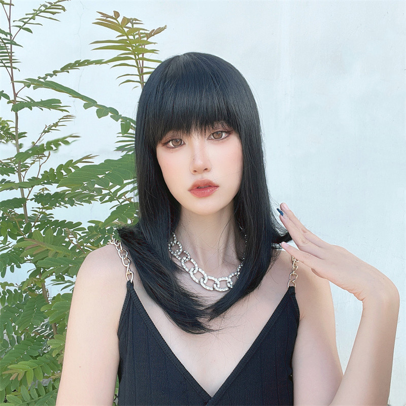 Wig for Women, Medium-Length Hair with Bangs, Korean-Style Black Hair, Full Head Wig, Live Streaming Product, Source of Goods, Perm and Dye Style, Curly Hair, Fluffy