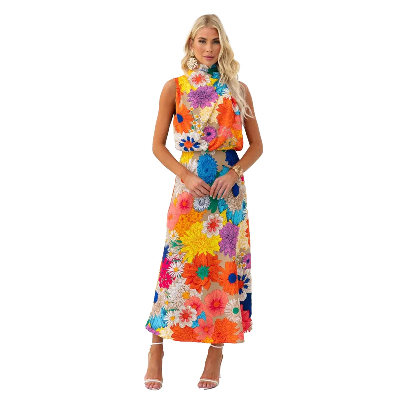 Flower Pattern Wholesale Women's Vacation Flower Holiday Round Neck Sleeveless Sheath Dress