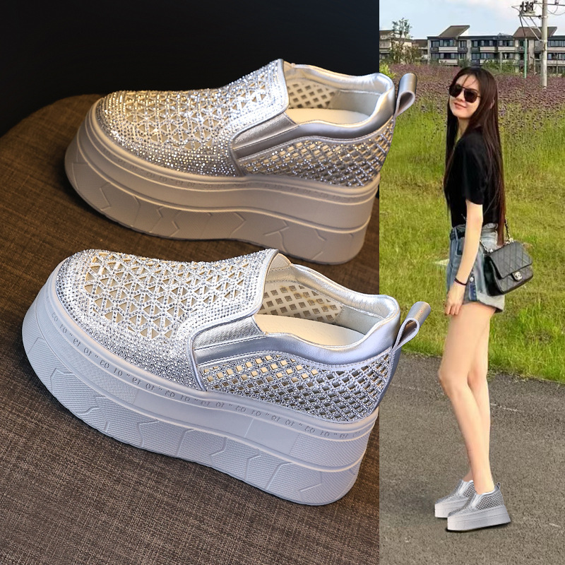 Giày lười nữ đế dày tăng chiều cao phối đá rhinestone — trắng