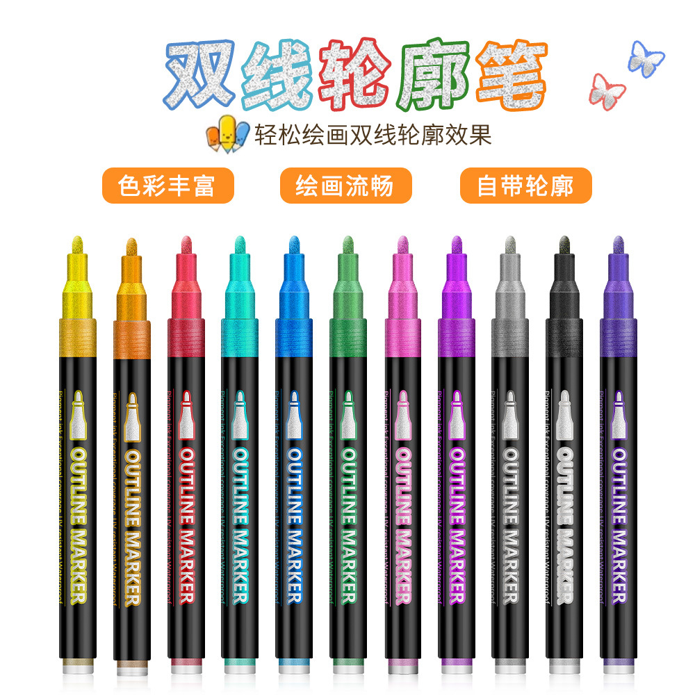 Bolígrafo de contorno de doble línea de estudiantes de Navidad tarjetas de felicitación bolígrafo flash 12 color conjunto de bolígrafo de doble color bolígrafo de color pincel de papel