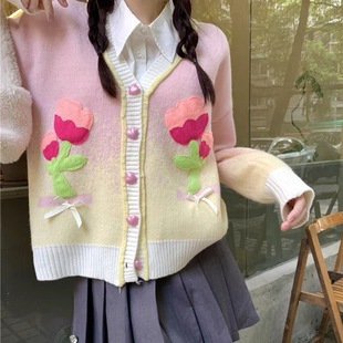 Korean Style Autumn New Loose Lazy Contrast Color Three-dimensional Flower Bow Knitted Cardigan Top Jacket Sweater for Women