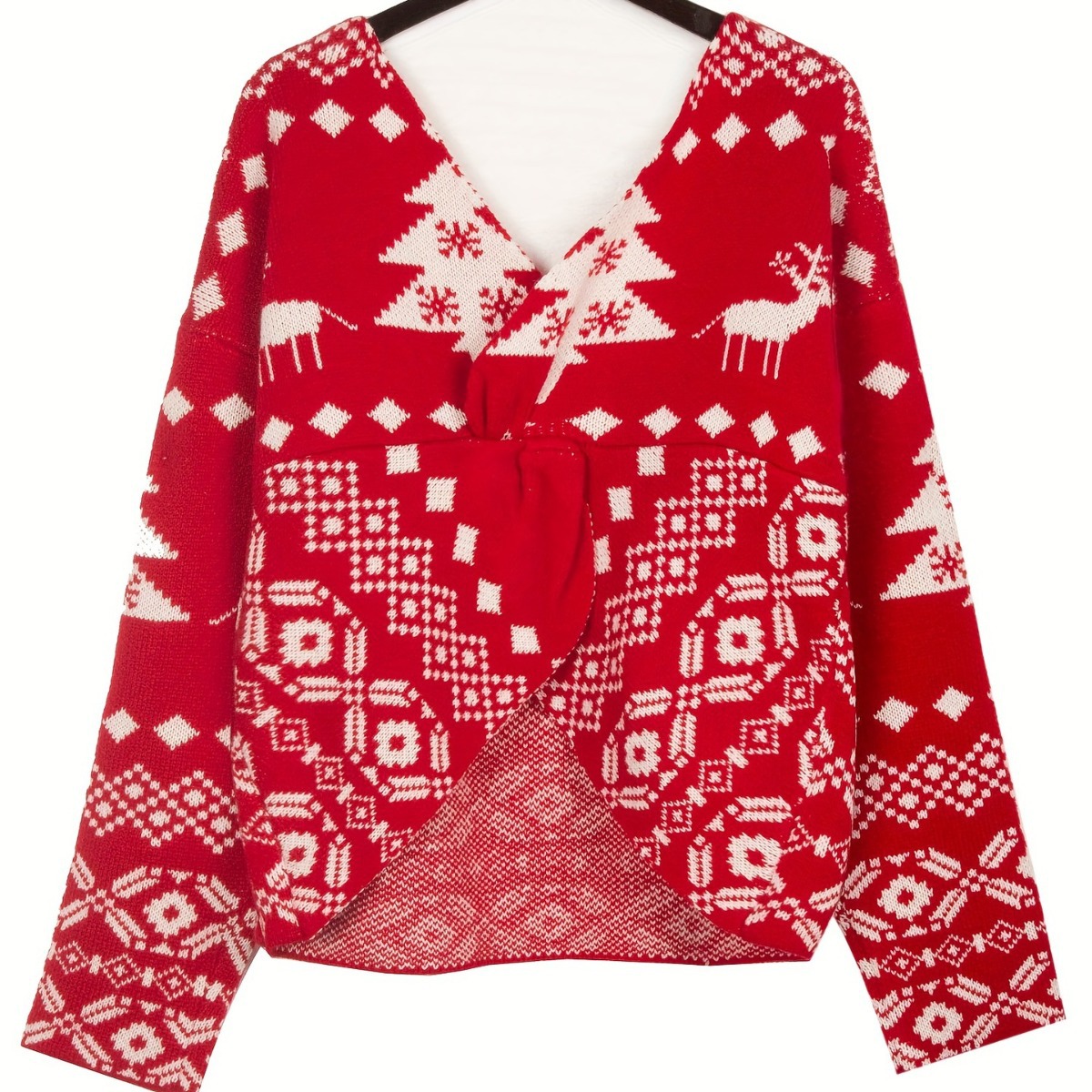 Women's Clothing V Neck Double Sided Irregular Cardigan Sweater Backless Off Shoulder Christmas Snowflake Pattern Long Sleeved Women's Wool Top_voghion.com