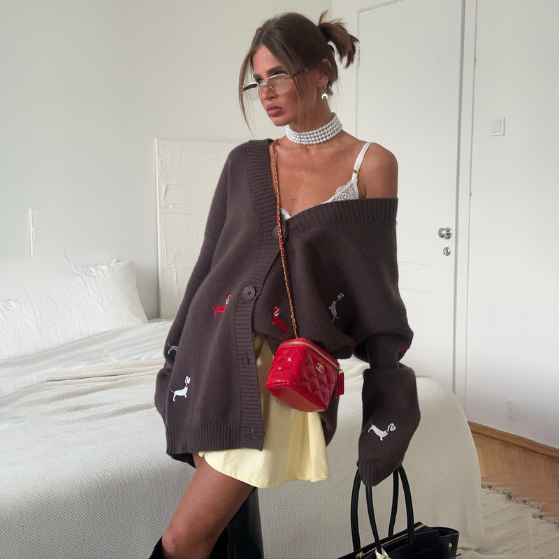 Hot-Selling In-Stock Dachshund Embroidered Knit Cardigan Soft Loose Coat Versatile V-Neck European and American Style Women's Clothing