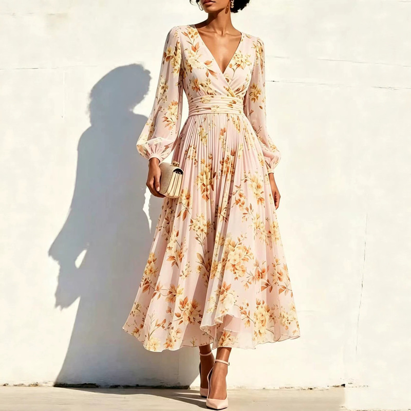 Cross-border women's clothing: small floral print V-neck wrap-style long-sleeve dress with pleated waist and flared hem Cross-border women's clothing: small floral print V-neck wrap-style long-sleeve dress with pleated waist and flared hem