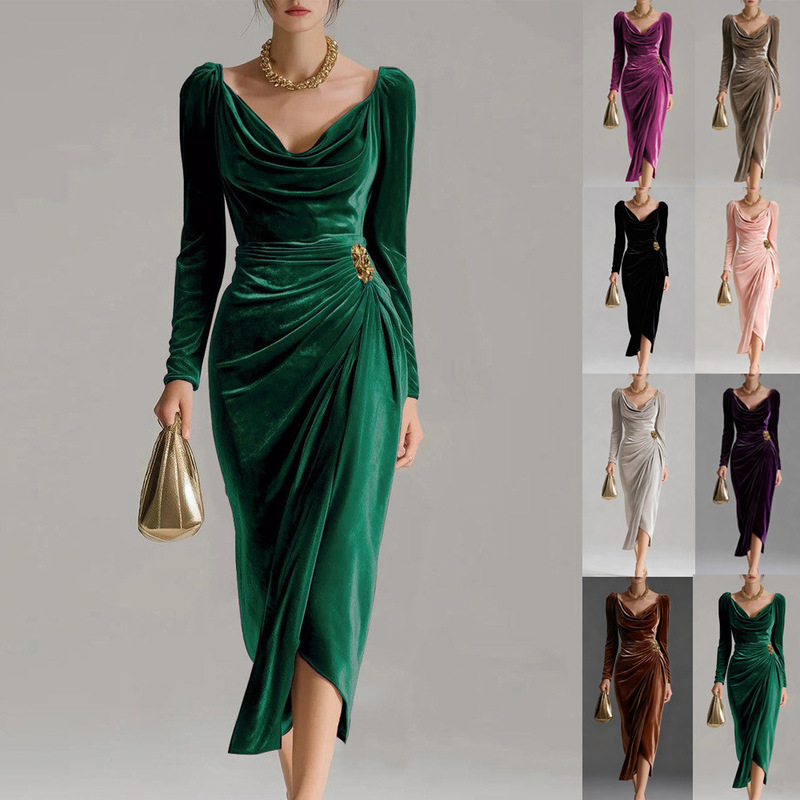 Cross-Border European and American Women's Clothing 2025 New Sexy Long-Sleeved Slim Pleated Long Slit Velvet Hip-Hugging Dress