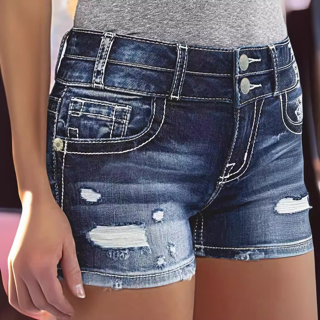 Shorts de Mezclilla Rotos para Mujer de Algodón y Poliéster con Cintura Alta y Alta Elasticidad