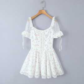 2024秋季ins女装田园碎花绑带波点网纱蕾丝边衣裙