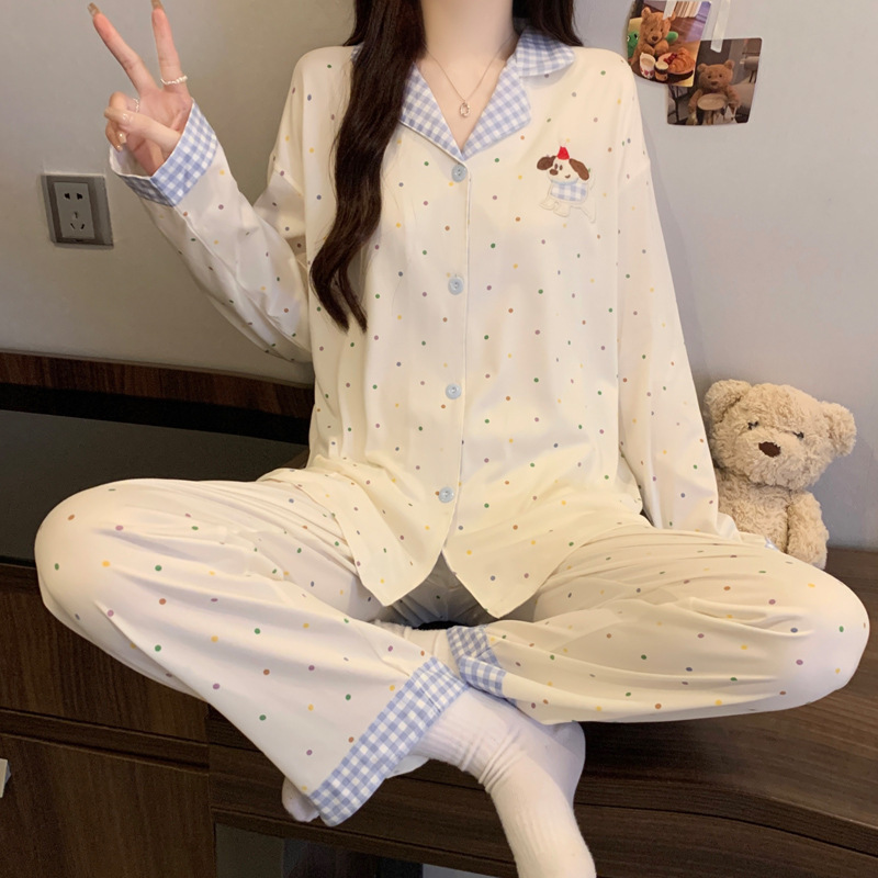 彩色波点格纹翻领开衫睡衣ins风卡通小狗长袖长裤家居服套装批发|undefined