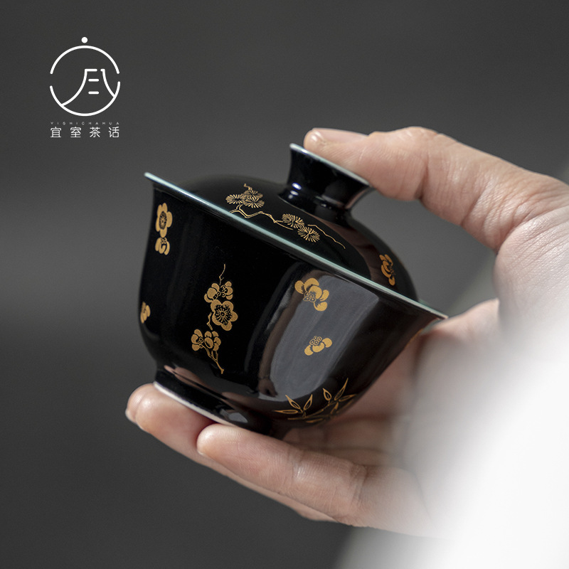 宜室茶话 松石绿黑地烫金三友盖碗 功夫茶具泡茶碗文人仿烫茶碗