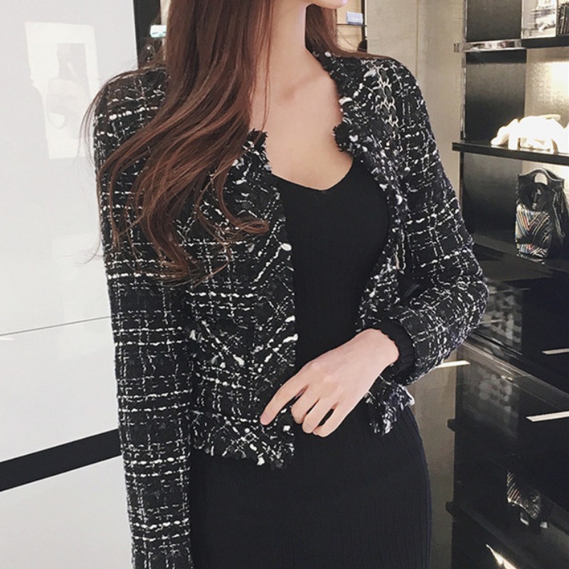 Trendy Raw Edge Chanel-Style Round Neck Cardigan Jacket for Women, Autumn New Korean Version, Petite Tweed Short Coat Wholesale