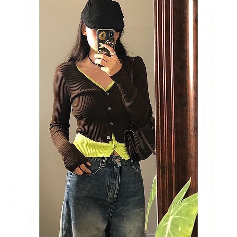 欣旺【官图 高质量针织】复古撞色假两件针织开衫女装秋季新款上