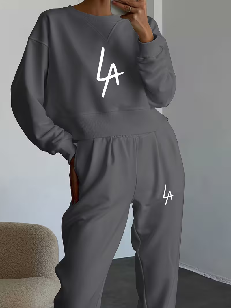 Women's Two Piece Set Fleece Lined Round Neck Casual Print Outfit_voghion.com