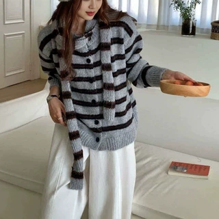 跨境女装外贸开衫针织外套条纹撞色慵懒风针织开衫韩系宽松百搭潮