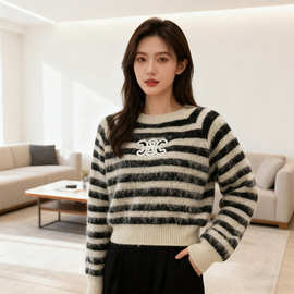 跨境秋冬条纹撞色字母刺绣针织衫上衣新款小香风短款毛衣打底衫女