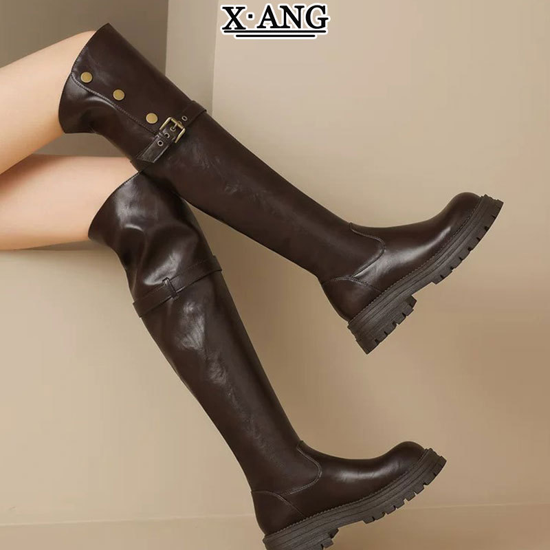 Genuine leather foldable two-way wear over-the-knee brown boots for women, thick-soled height-increasing black riding boots with chunky heels, slimming high-tube boots Genuine leather foldable two-way wear over-the-knee brown boots for women, thick-soled height-increasing black riding boots with chunky heels, slimming high-tube boots