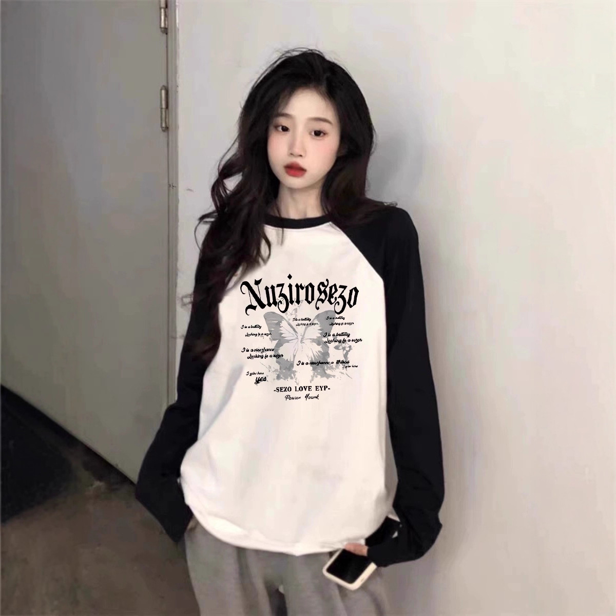 American Retro Butterfly Raglan Long-Sleeved T-Shirt for Women Spring & Fall Oversize Loose Cotton Bottoming T-Shirt Top Trendy