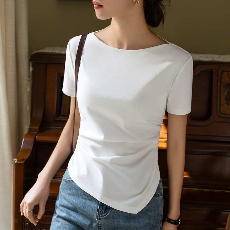 Camiseta de manga corta blanca para mujer 2023 Ropa de mujer Nueva elegante Camiseta de algodón fuera del hombro irregular dobladillo plisado superior