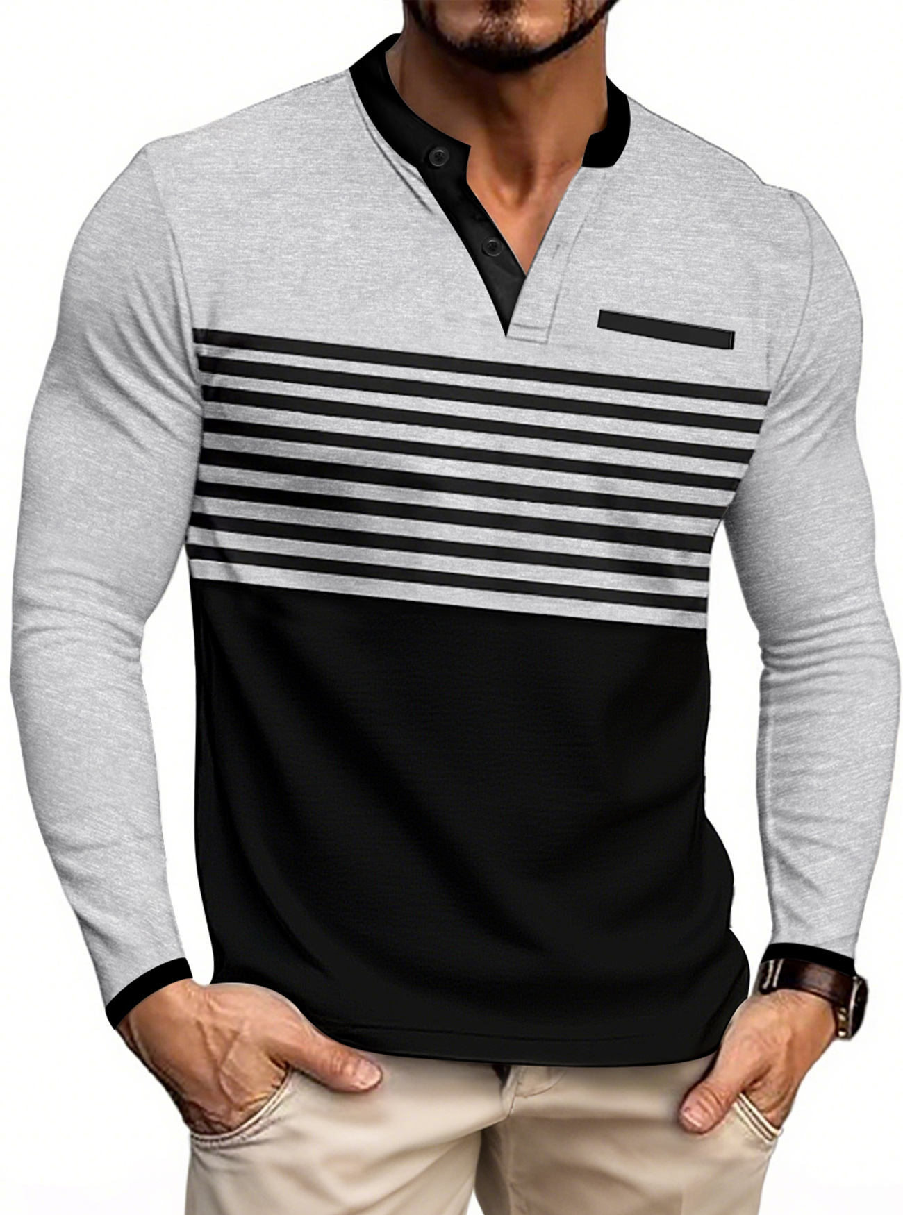 Herr henley långärmad tröja enfärgad vår höst stil_voghion.com