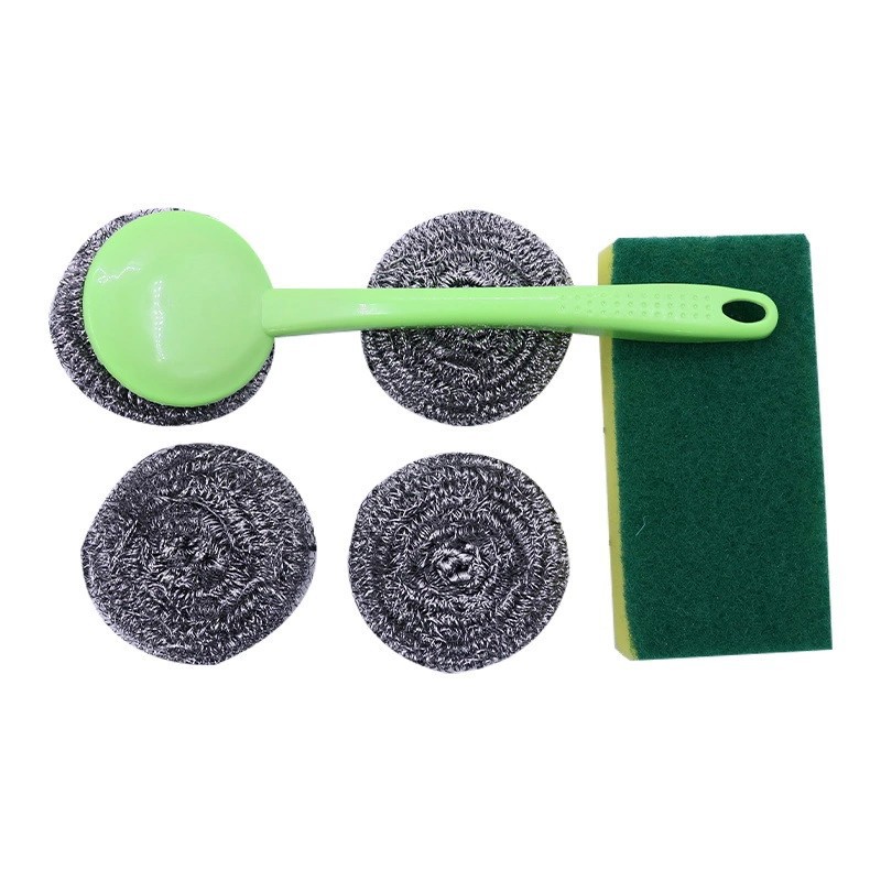 Cocina bola de acero esponja estropajo mango de plástico cepillo de tres piezas al por mayor esponja lavado de platos paño Bola de limpieza