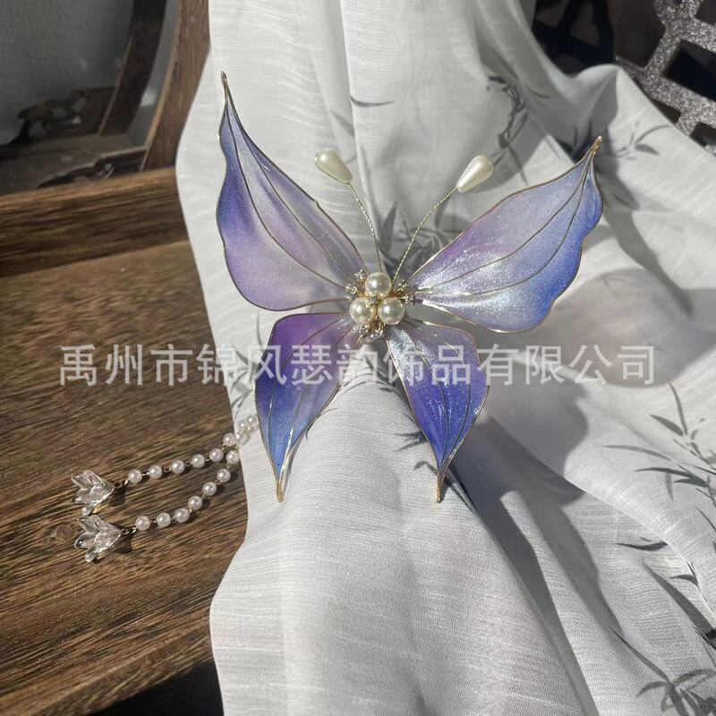 Flower-making liquid pearlescent butterfly aura purple light streamer antique small butterfly hairpin Chinese clothing butterfly tassel small hairpin
