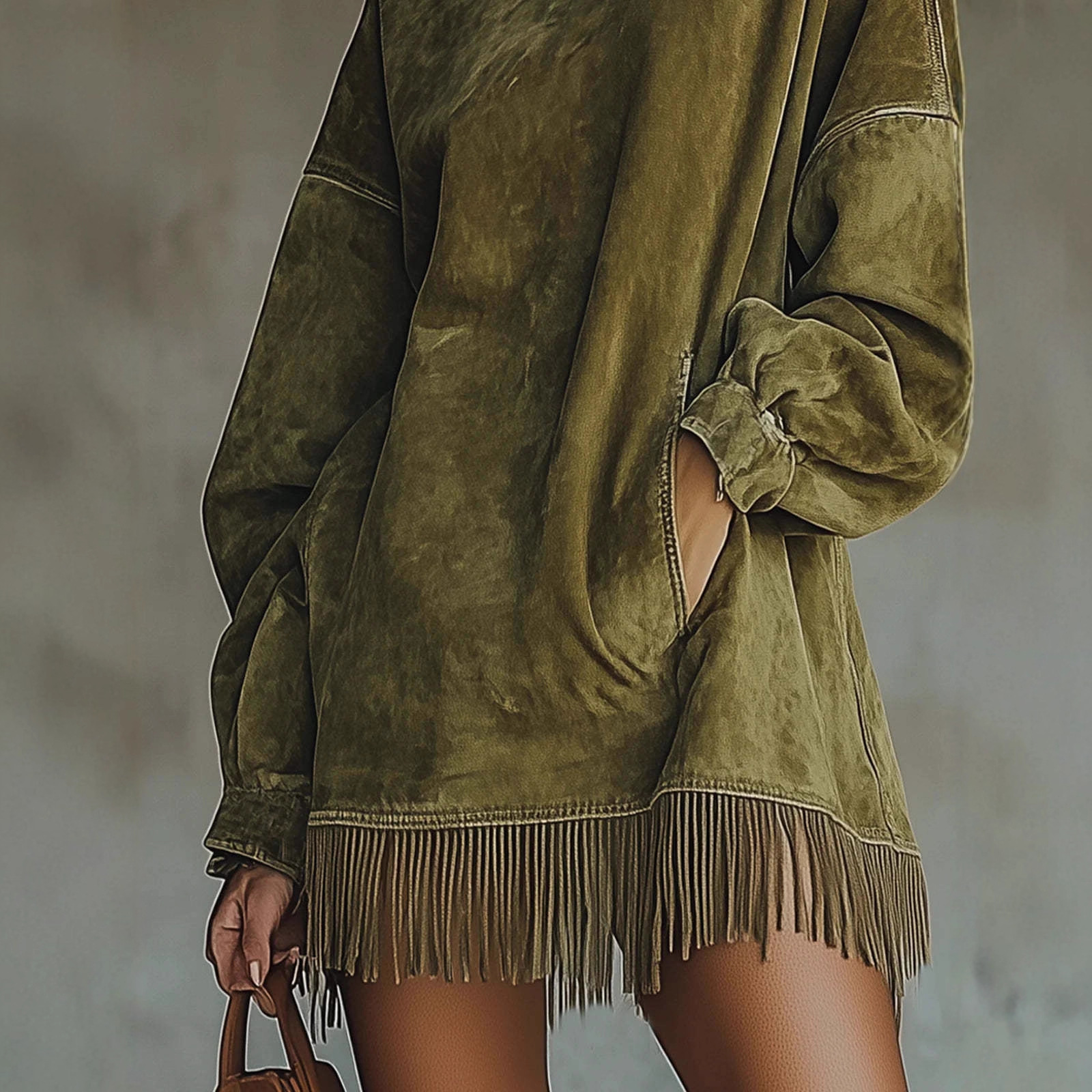 Women's Clothing High Neck Long Sleeve Tassel Detail Suede Dress Loose Fit With Pockets For Women For Formal & Casual For Women_ecoleips.com