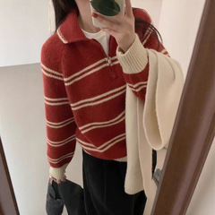 韩国文艺风条纹撞色套头毛衣女秋冬新款半拉链polo翻领针织衫1138