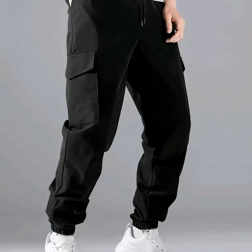 Men's European Size American Style Comfort Work Pants with Multiple Pockets, Drawstring Pants, Loose Casual Pants