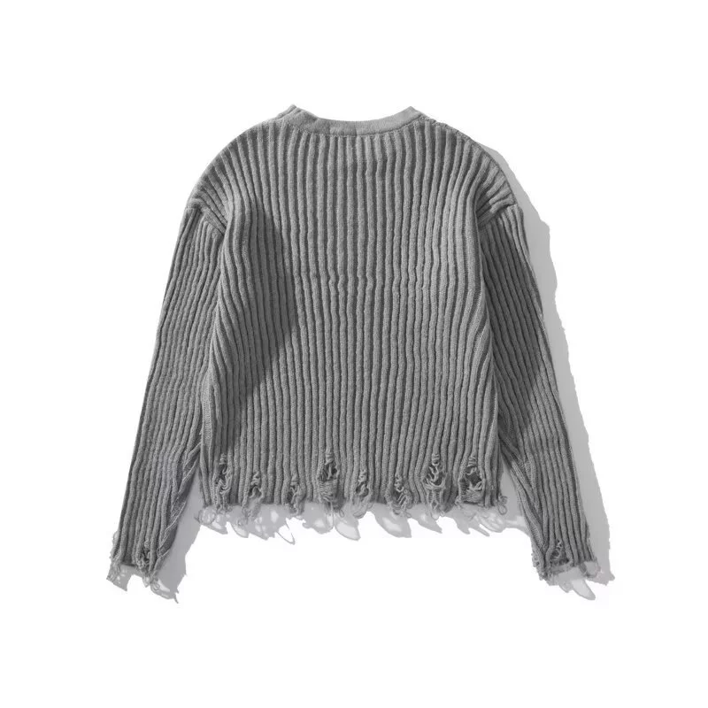 Вязаный осенний свитер, простой элегантный дизайн, distressed-hem — серый/черный, размеры M–3XL