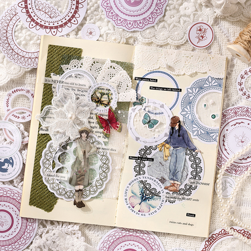 Flower Language Lace Series Paquete de pegatinas troqueladas de borde de encaje retro Libro de manos de bricolaje Fondo decorativo Material de fondo