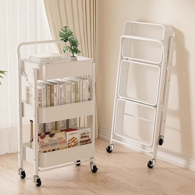 Floor-standing Folding Storage Trolley, 3-Tier ABS Mobile Cart with Wheels, Compact Foldable