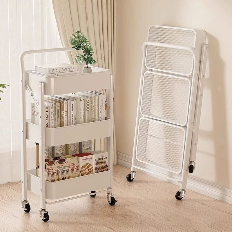 Floor-standing Folding Storage Trolley, 3-Tier ABS Mobile Cart with Wheels, Compact Foldable