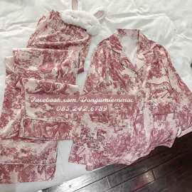 睡衣女春秋新款长袖长裤高级感印花冰丝薄款翻领家居服套装可外穿