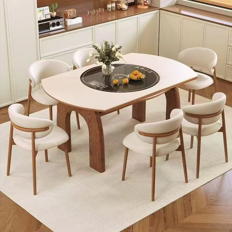 Vintage-style solid wood dining table for home use, multifunctional with induction cooker, square and round dual-use dining table, food warming tray, walnut color