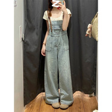 美式复古高腰背带牛仔裤女2025学院风直筒连体裤宽松阔腿直筒裤子