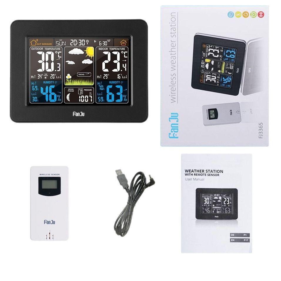 Color pantalla pronóstico del tiempo reloj 3365 negro onda eléctrica reloj despertador electrónico multifuncional RF inalámbrico reloj del tiempo calendario