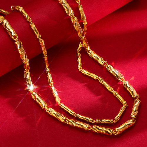 Gold-plated necklace cylindrical double bamboo necklace sand gold necklace men's and women's solid bamboo large necklace supply wholesale