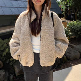 东大门ins秋冬新款韩版小众立口抽绳宽松保暖羊羔毛棉衣短外套女