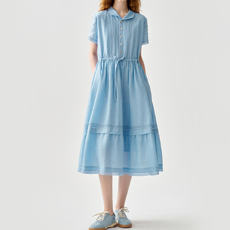 2026 Summer New Style White Flowing Thin Ramie Lace Trim Short-Sleeve Slimming Dress Travel Artistic Long Dress